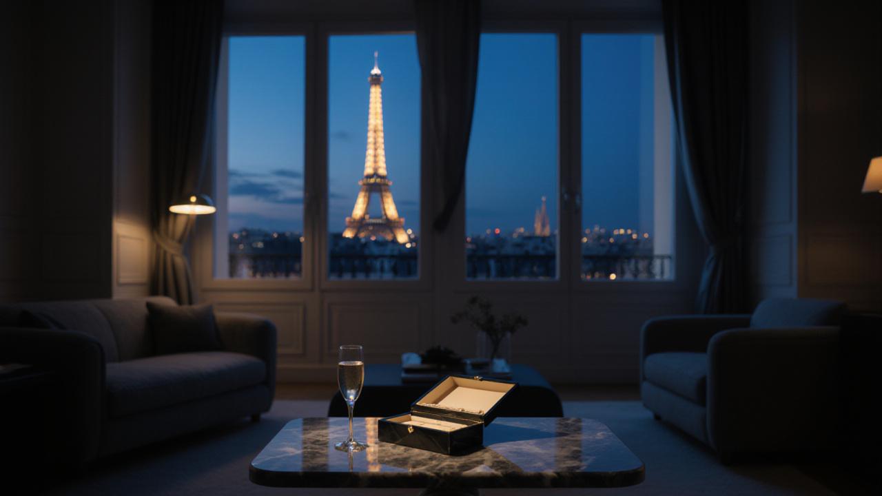 Intérieur d'appartement Haussmannien de prestige à Paris avec vue sur la Tour Eiffel